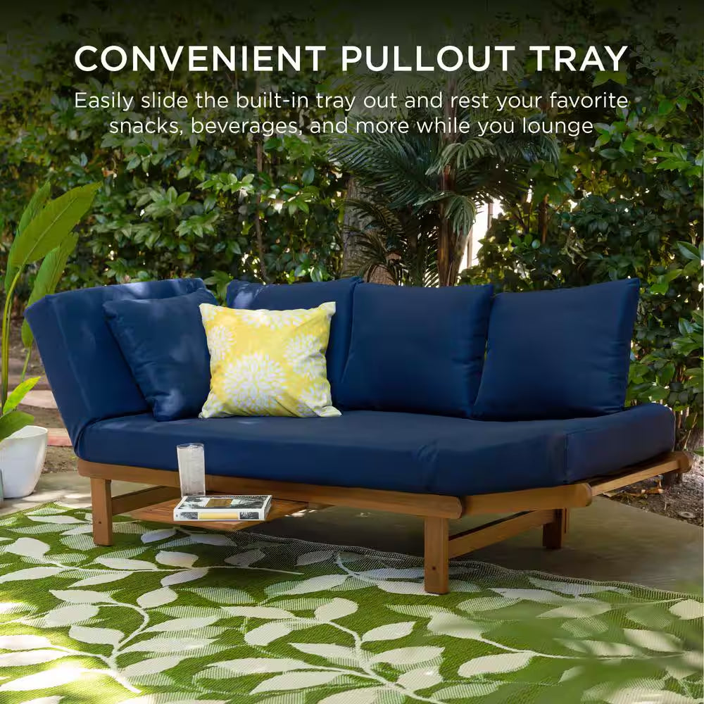 Acacia Wood Convertible Outdoor Couch with Navy Blue Cushions