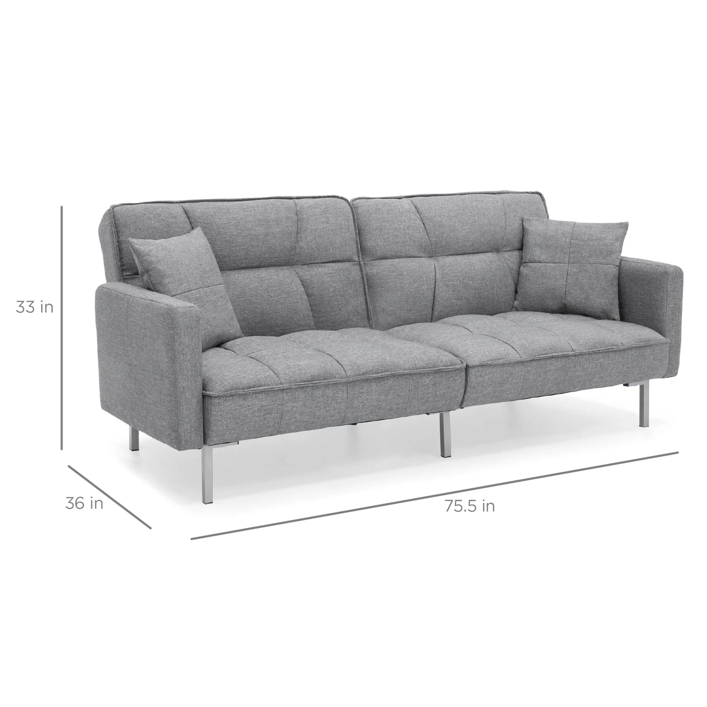 Convertible Living Room Linen Fabric Tufted Split-Back Futon Sofa W/ 2 Pillows - Dark Gray