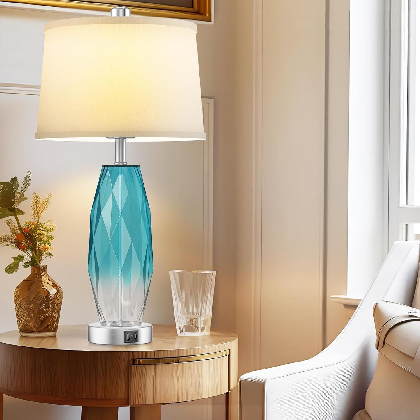 26'' Table Lamps Set of 2, Touch Control, Modern Glass Bedside Lamps 2 USB Ports