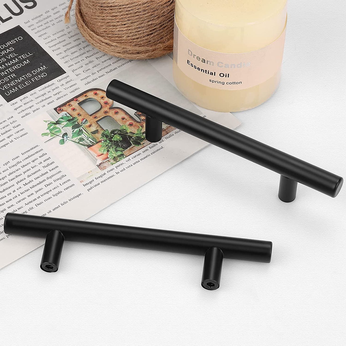 (25 Pack Flat Black Modern Kitchen Cabinet Pulls 3-3/4" Hole Centers Euro T Bar Stainless Steel Cupboard Dresser Handles