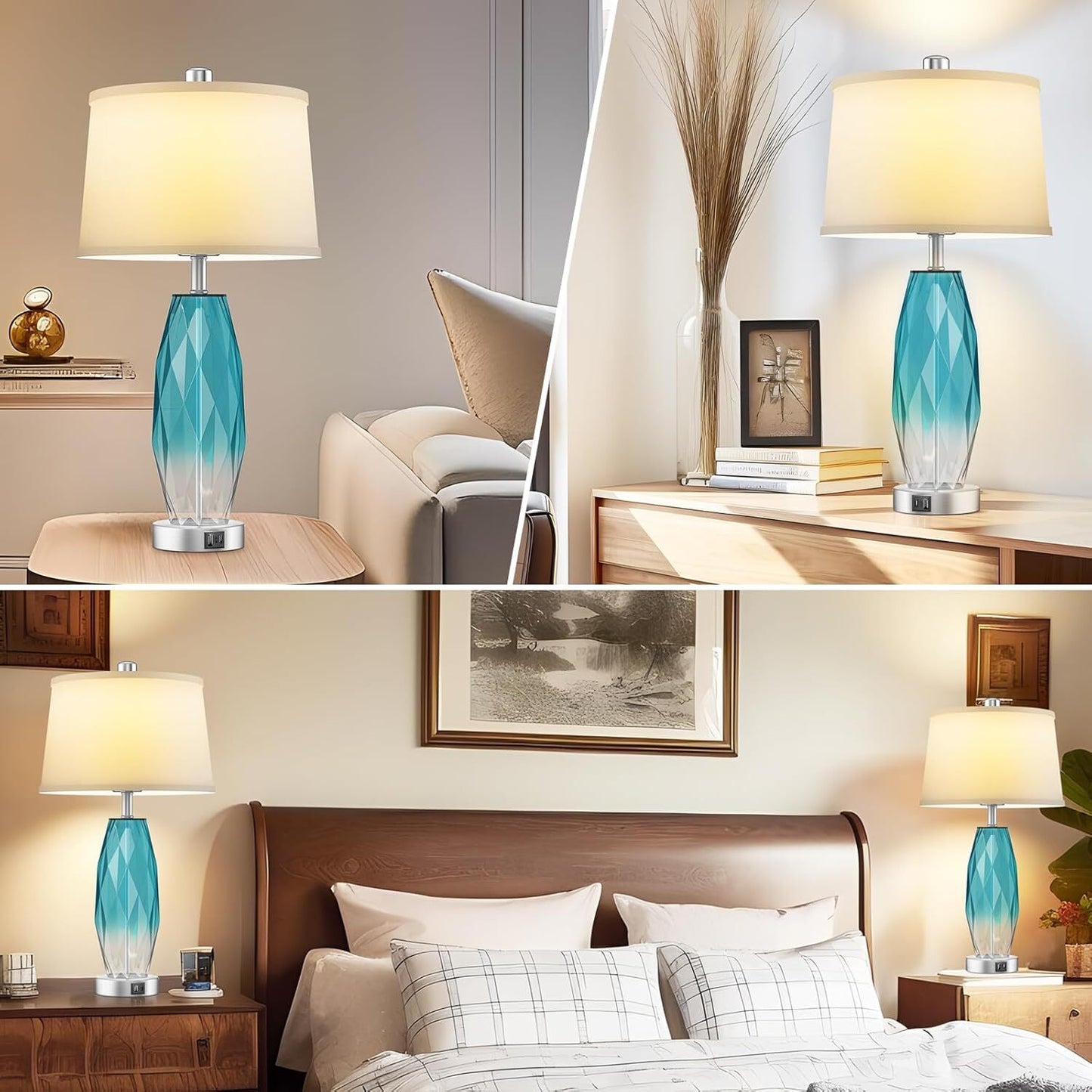 26'' Table Lamps Set of 2, Touch Control, Modern Glass Bedside Lamps 2 USB Ports