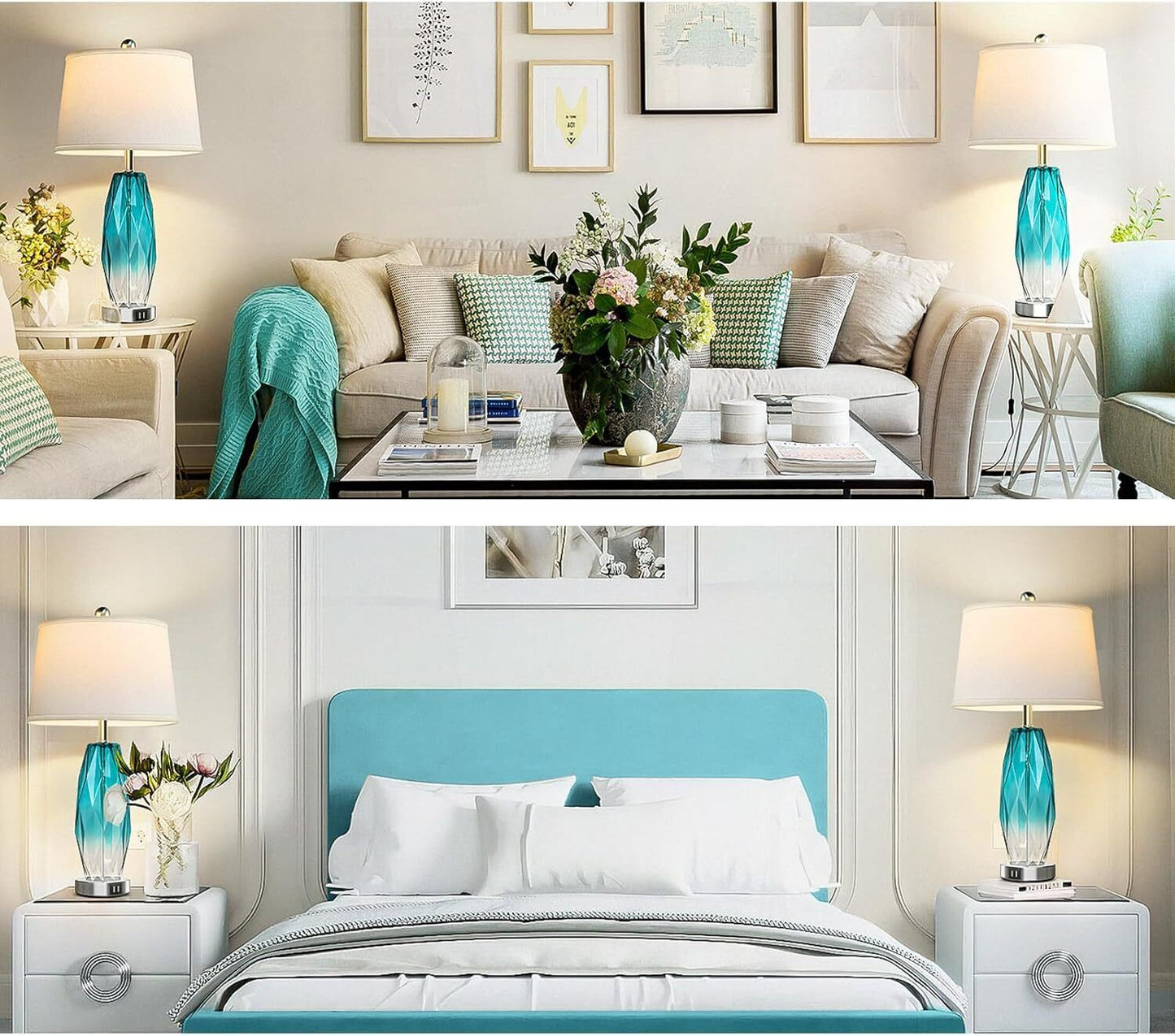 26'' Table Lamps Set of 2, Touch Control, Modern Glass Bedside Lamps 2 USB Ports