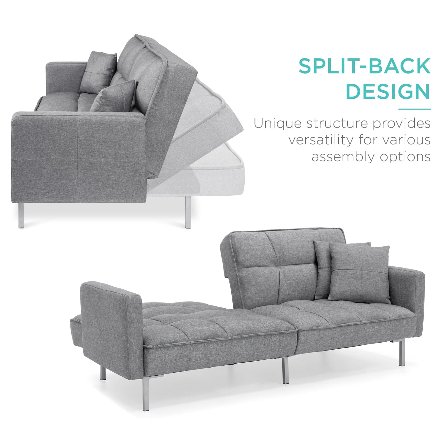 Convertible Living Room Linen Fabric Tufted Split-Back Futon Sofa W/ 2 Pillows - Dark Gray