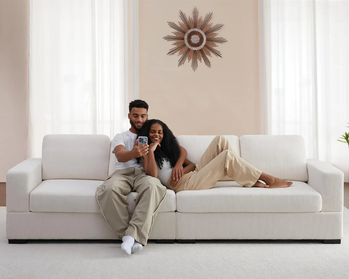 112 Inch Couch, Oversized Sofa in Beige Corduroy, Deep Seat Sofa Couch for Living Room