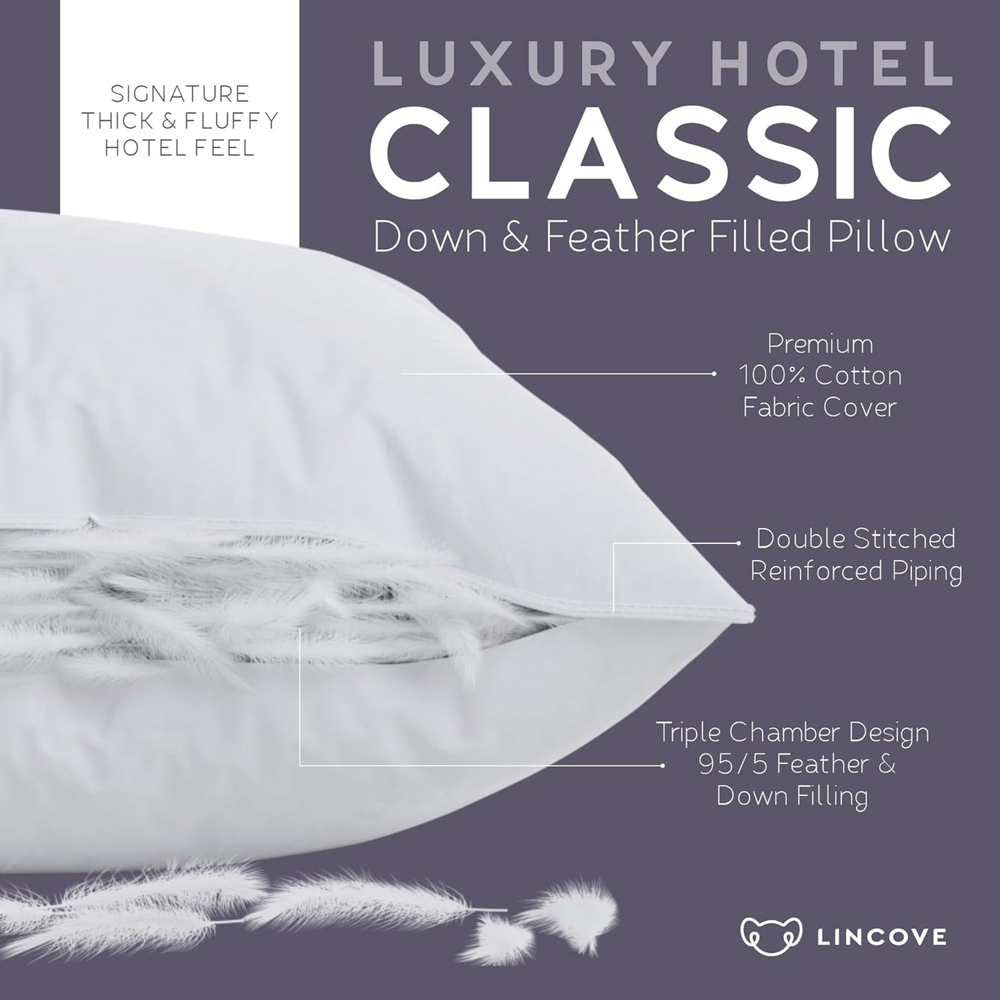 down and Feather Luxury Hotel Collection Bed Pillows for Sleeping Made in the USA - 100% Cotton Shell, 600 Thread Count - Soft Hypoallergenic (Full Size, Pack of 1)