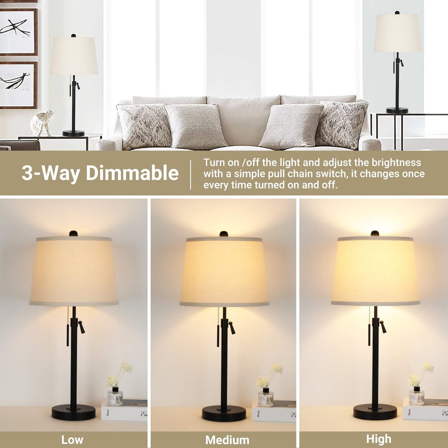 Bedside Table Lamps Set of 2: Tall Black Table Lamps for Living Room End Tabl...