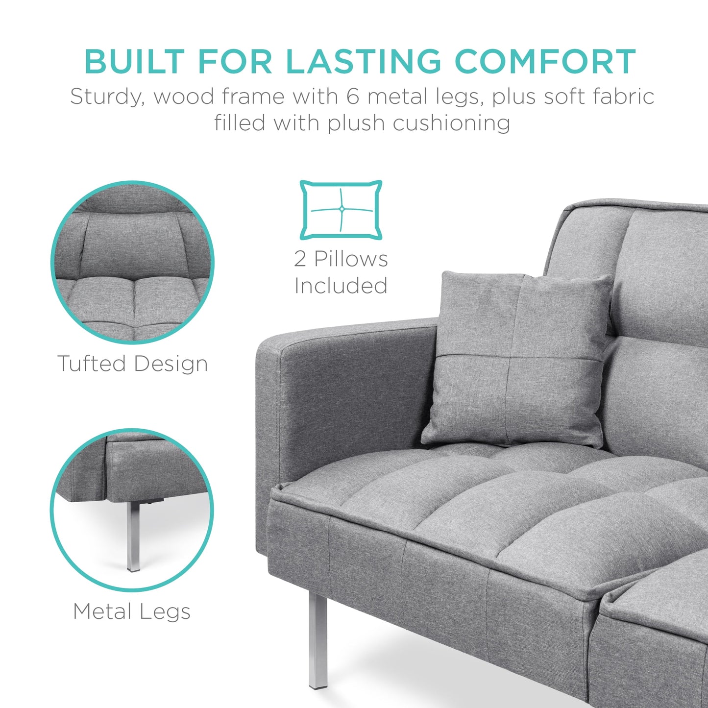 Convertible Living Room Linen Fabric Tufted Split-Back Futon Sofa W/ 2 Pillows - Dark Gray