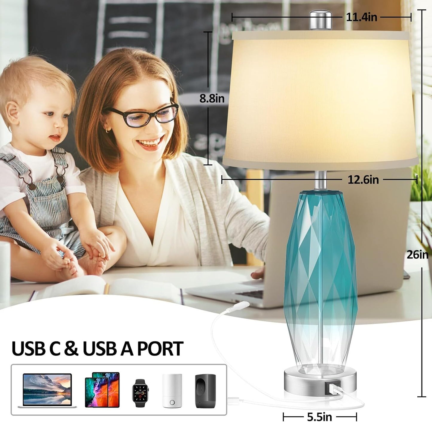 26'' Table Lamps Set of 2, Touch Control, Modern Glass Bedside Lamps 2 USB Ports