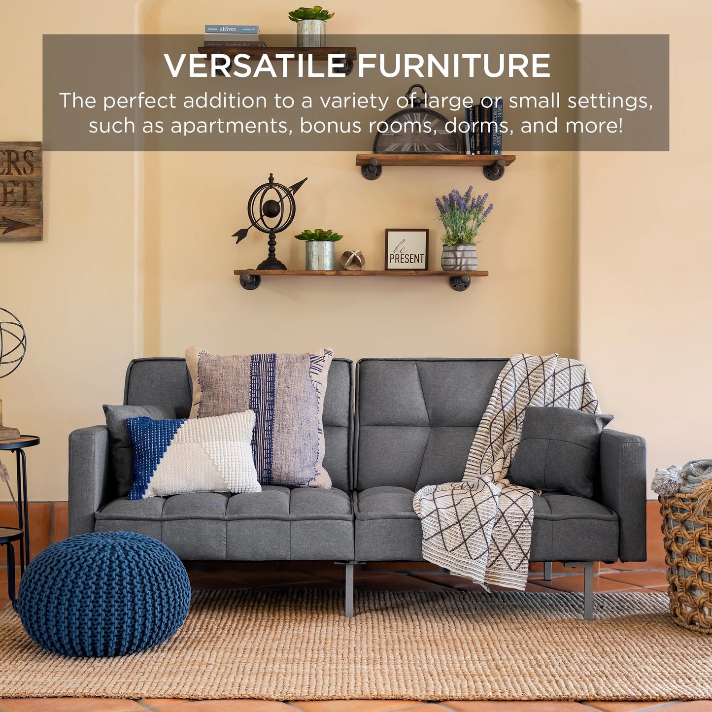 Convertible Living Room Linen Fabric Tufted Split-Back Futon Sofa W/ 2 Pillows - Dark Gray