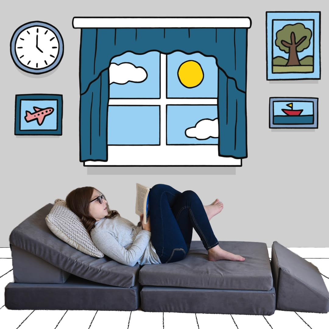 the Whatsit Modular Kids Couch, Toddler Sofa Bed, Modular Play Couch, Gray