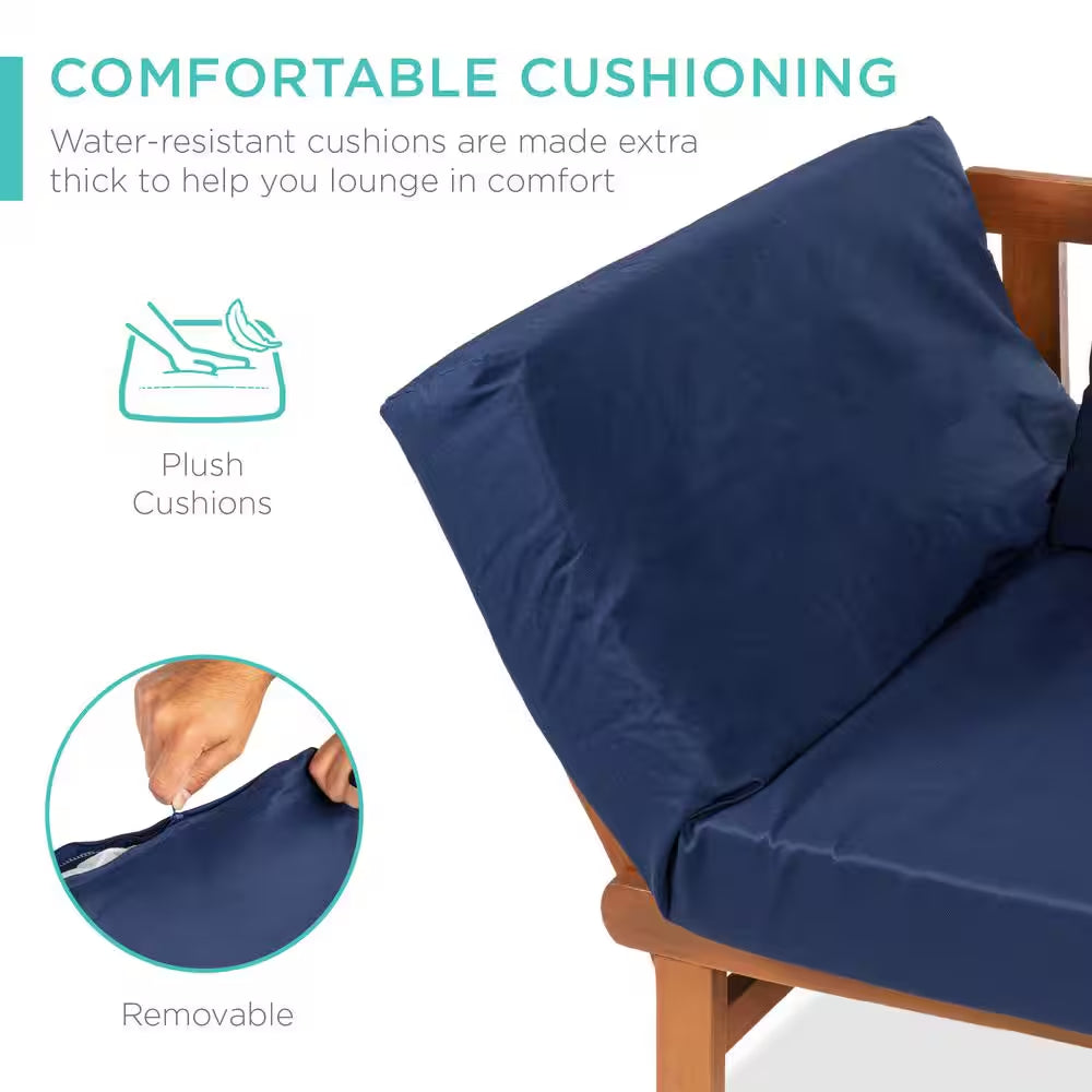 Acacia Wood Convertible Outdoor Couch with Navy Blue Cushions