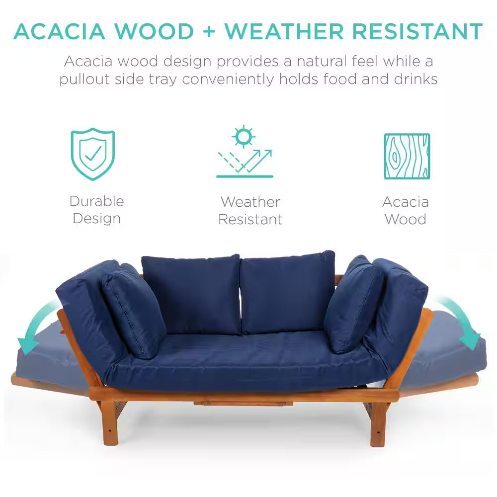 Acacia Wood Convertible Outdoor Couch with Navy Blue Cushions