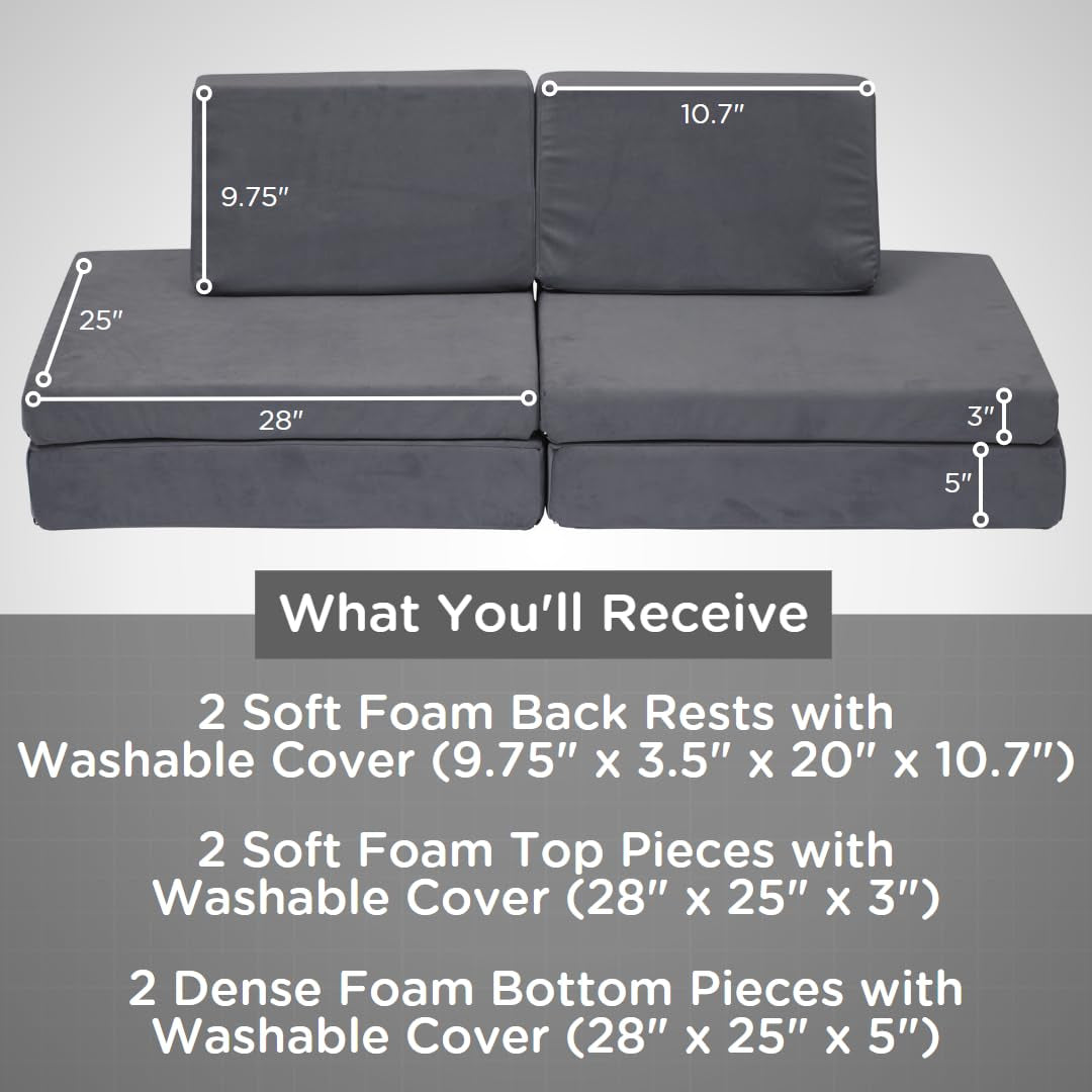 the Whatsit Modular Kids Couch, Toddler Sofa Bed, Modular Play Couch, Gray