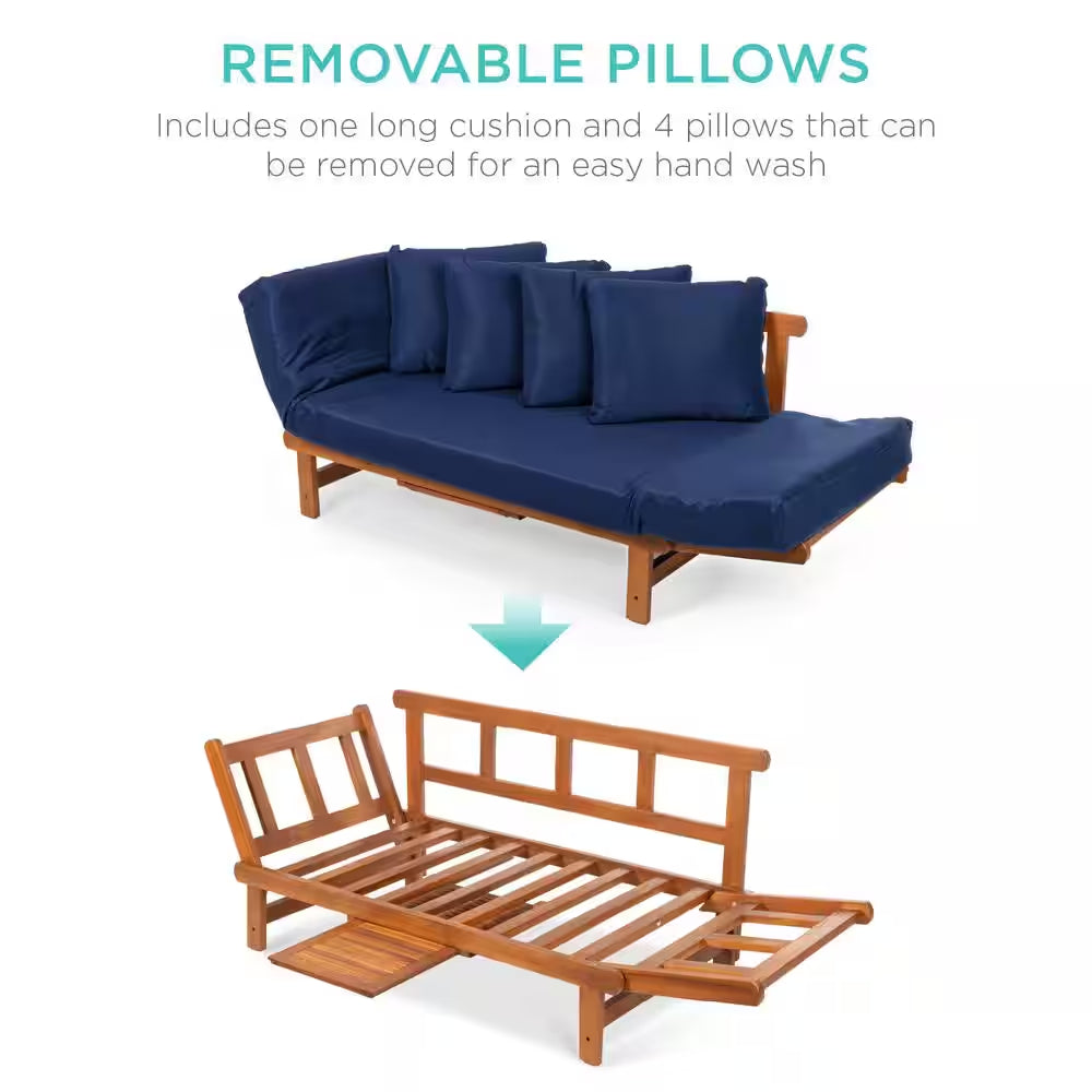 Acacia Wood Convertible Outdoor Couch with Navy Blue Cushions