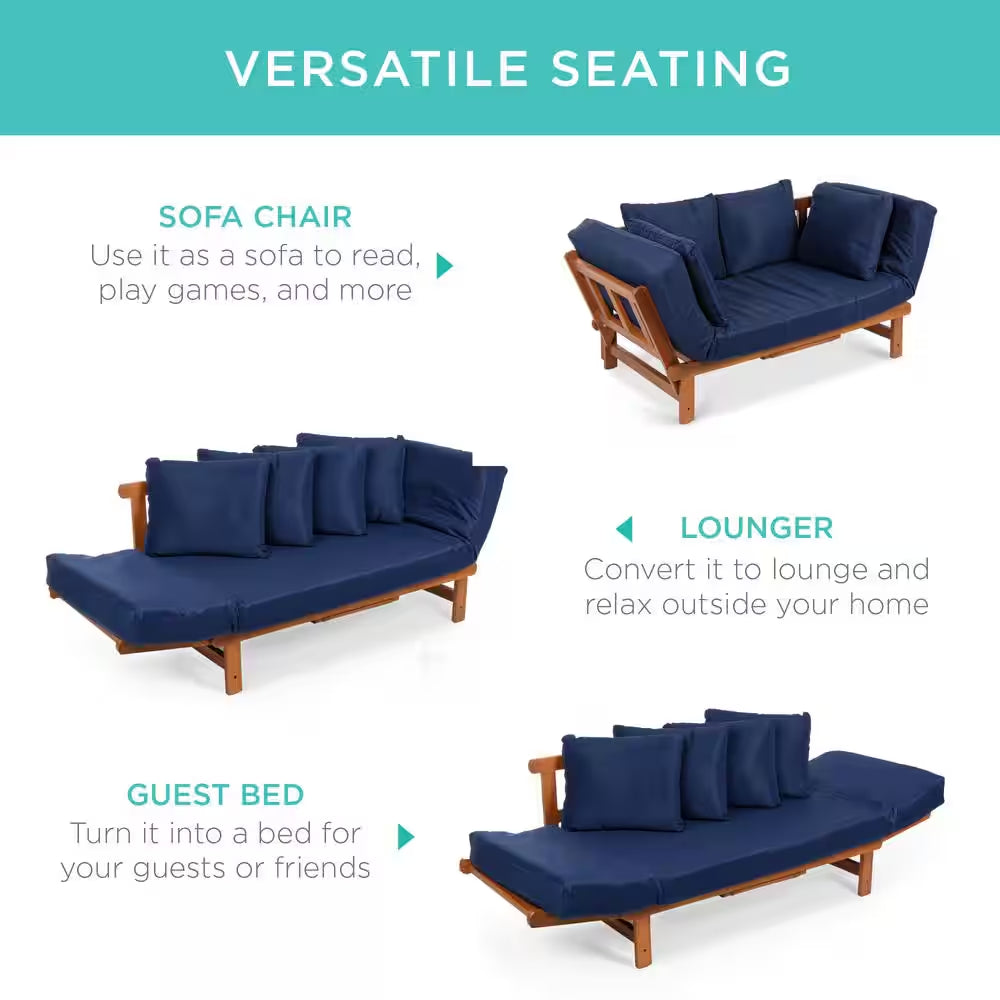 Acacia Wood Convertible Outdoor Couch with Navy Blue Cushions