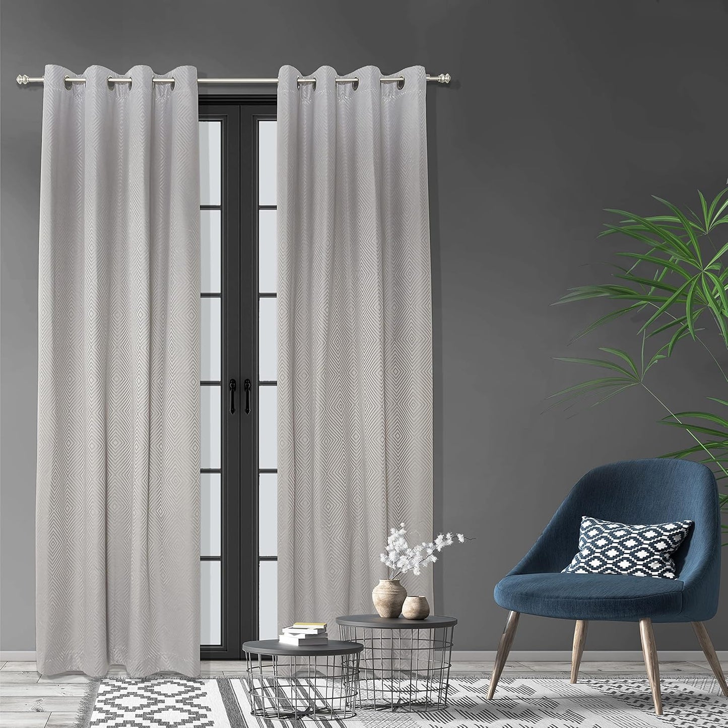 Lloyd - Blackout Curtain Set of 2 - Grey Diamond Jacquard Curtains, 100% Light Blocking, Sound Filtering, Thermal Insulation - Geometric Design with Grommet Heading, 52" X 84"