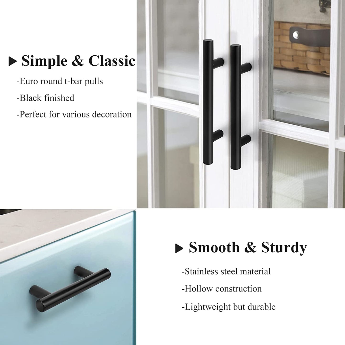 (25 Pack Flat Black Modern Kitchen Cabinet Pulls 3-3/4" Hole Centers Euro T Bar Stainless Steel Cupboard Dresser Handles