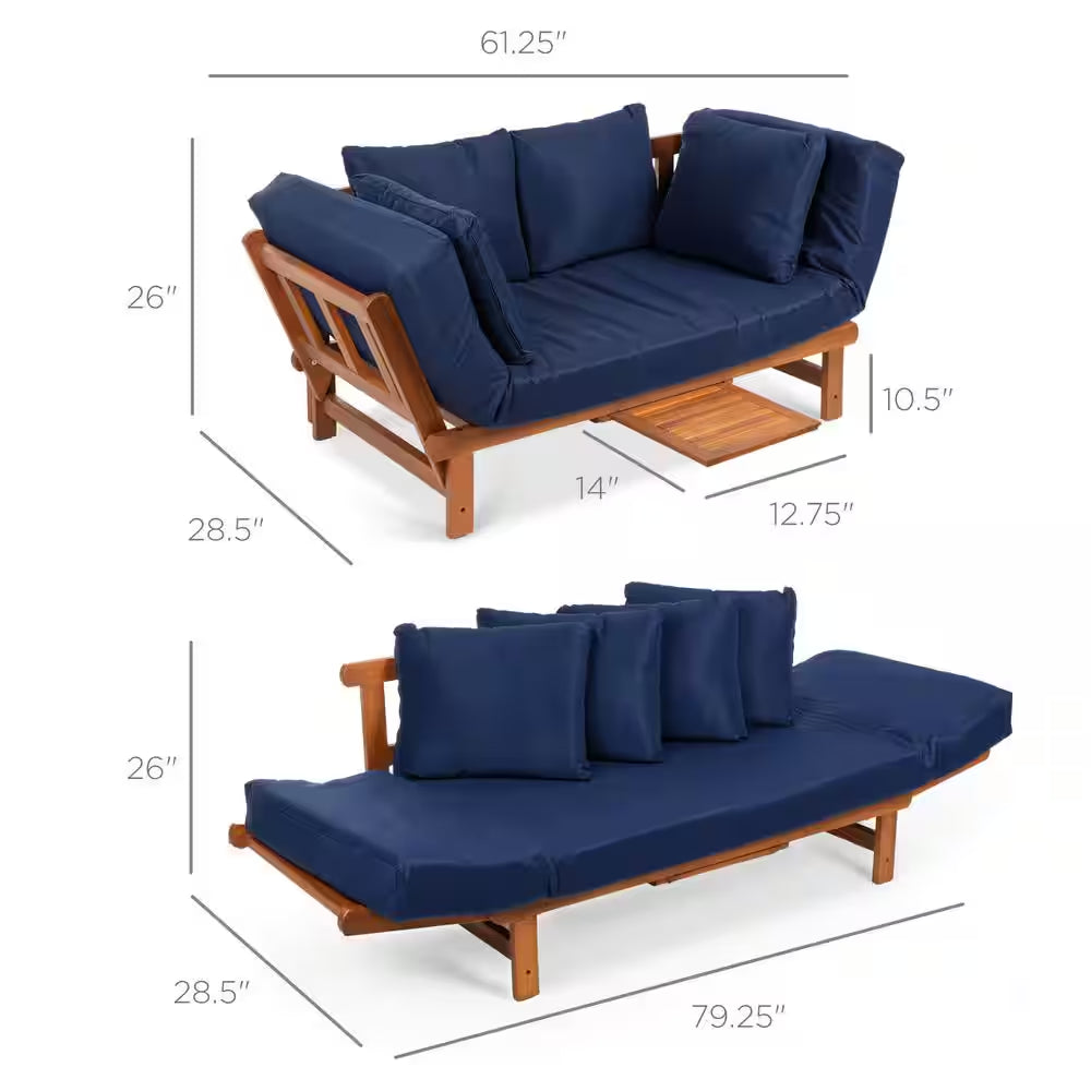 Acacia Wood Convertible Outdoor Couch with Navy Blue Cushions