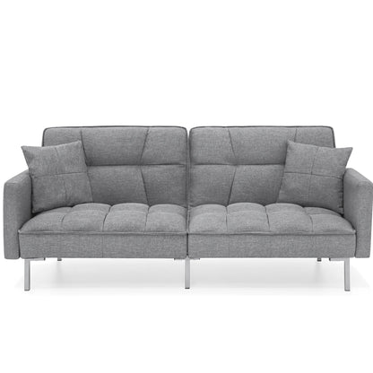 Convertible Living Room Linen Fabric Tufted Split-Back Futon Sofa W/ 2 Pillows - Dark Gray
