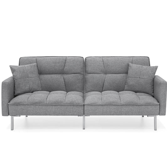 Convertible Living Room Linen Fabric Tufted Split-Back Futon Sofa W/ 2 Pillows - Dark Gray