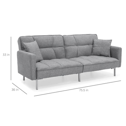 Convertible Living Room Linen Fabric Tufted Split-Back Futon Sofa W/ 2 Pillows - Dark Gray