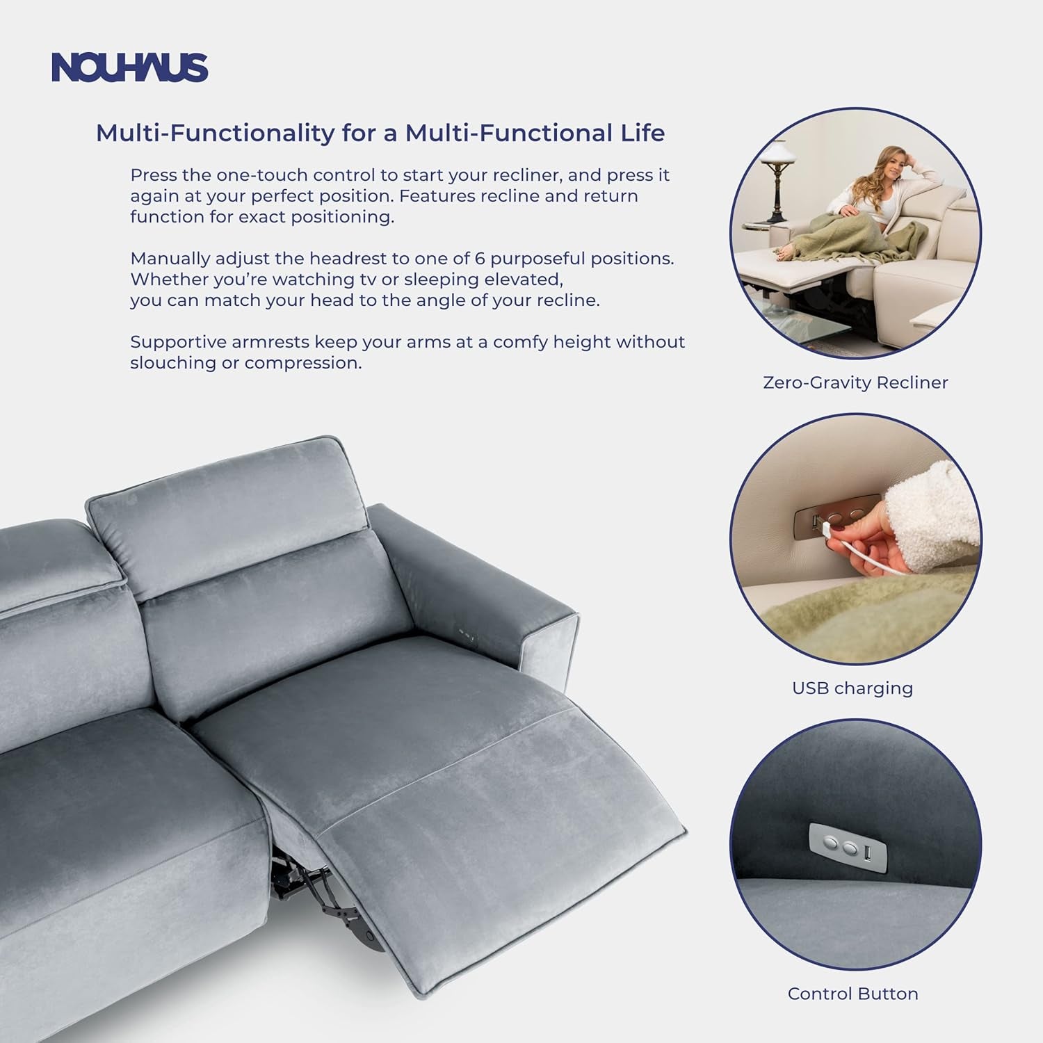 Power Sofa - Electric Couch. Modern Couch, Living Room Couch, Bedroom Couch, Gaming Couch, Game Room Furniture. (Triple, Suede - Grey)