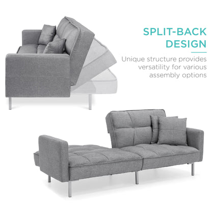 Convertible Living Room Linen Fabric Tufted Split-Back Futon Sofa W/ 2 Pillows - Dark Gray