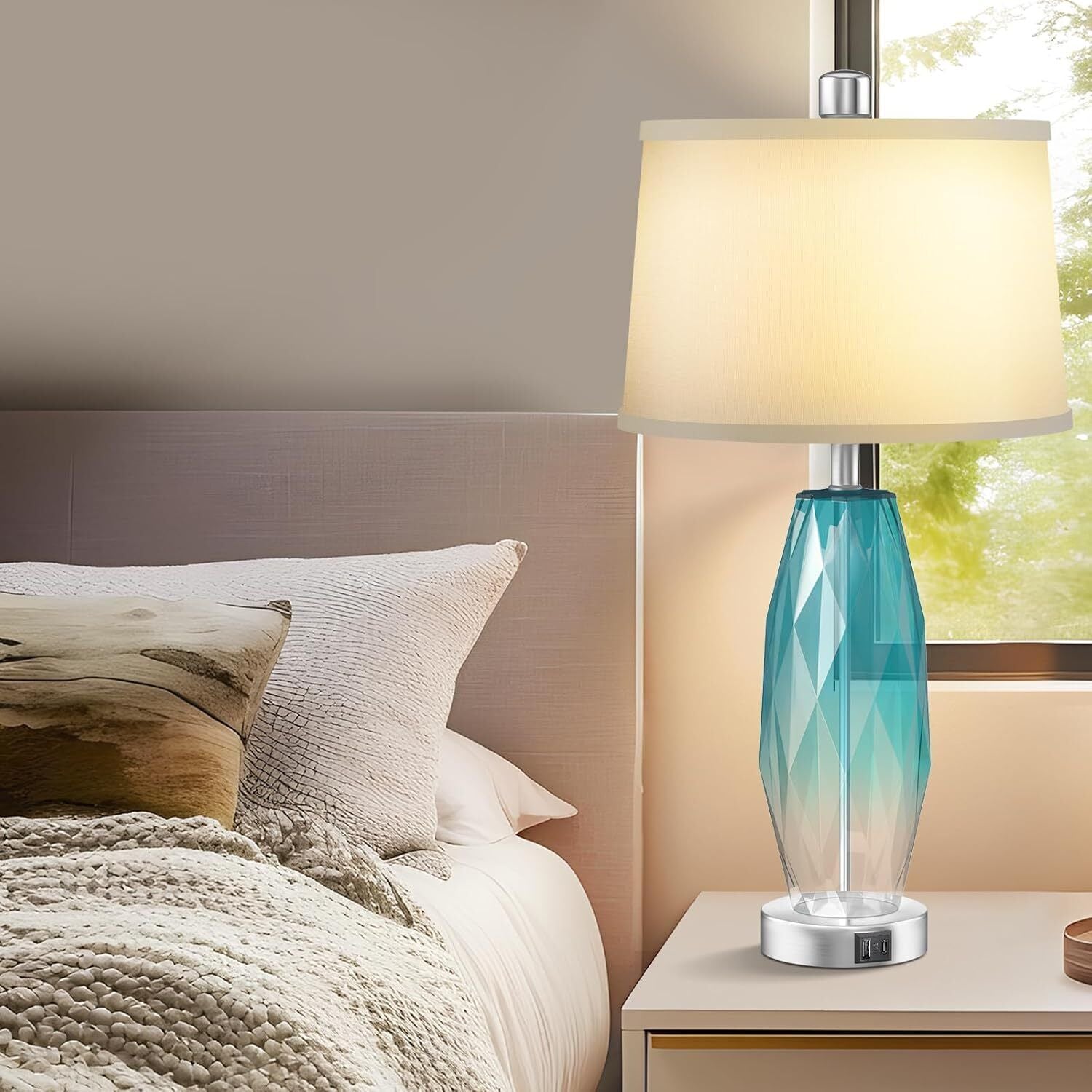 26'' Table Lamps Set of 2, Touch Control, Modern Glass Bedside Lamps 2 USB Ports