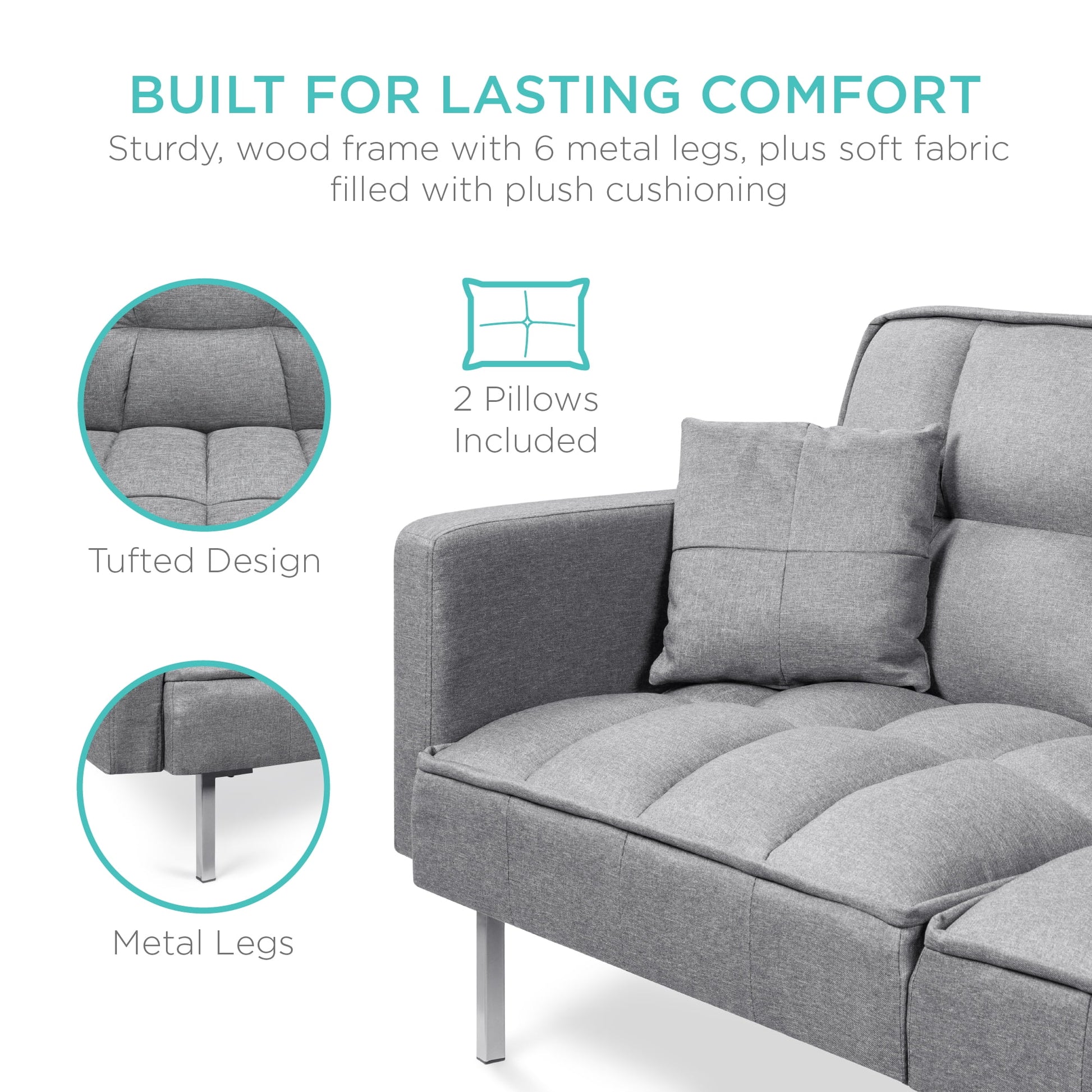Convertible Living Room Linen Fabric Tufted Split-Back Futon Sofa W/ 2 Pillows - Dark Gray