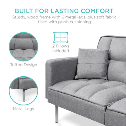 Convertible Living Room Linen Fabric Tufted Split-Back Futon Sofa W/ 2 Pillows - Dark Gray