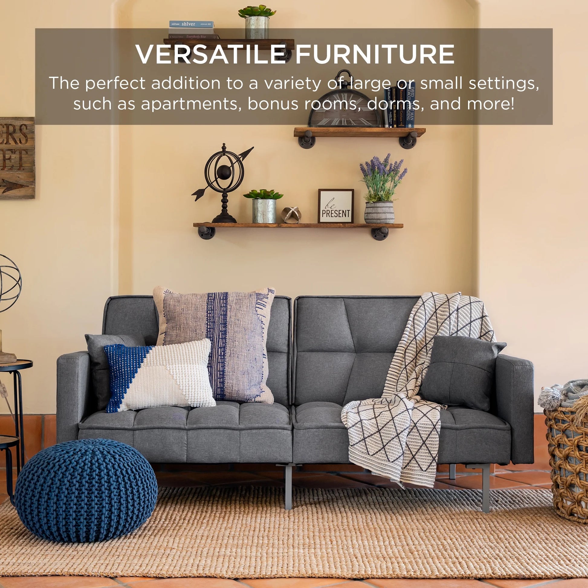 Convertible Living Room Linen Fabric Tufted Split-Back Futon Sofa W/ 2 Pillows - Dark Gray