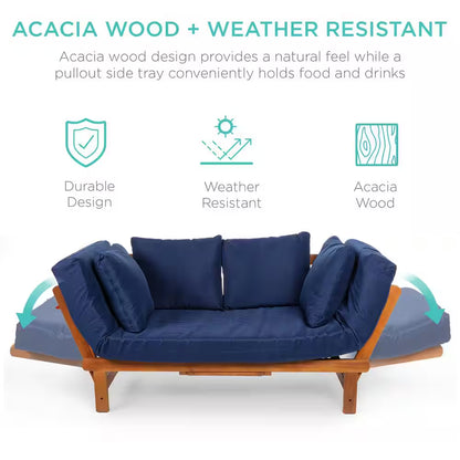 Acacia Wood Convertible Outdoor Couch with Navy Blue Cushions