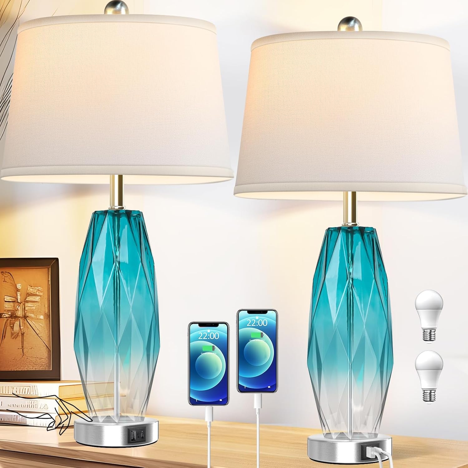 26'' Table Lamps Set of 2, Touch Control, Modern Glass Bedside Lamps 2 USB Ports
