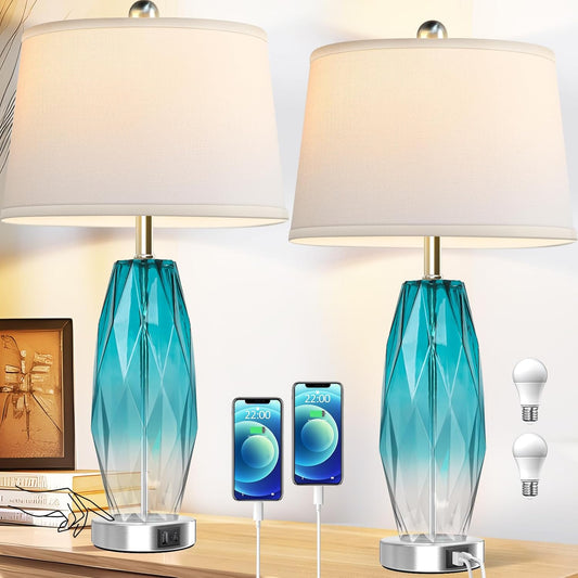 26'' Table Lamps Set of 2, Touch Control, Modern Glass Bedside Lamps 2 USB Ports