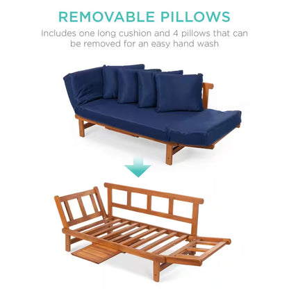 Acacia Wood Convertible Outdoor Couch with Navy Blue Cushions